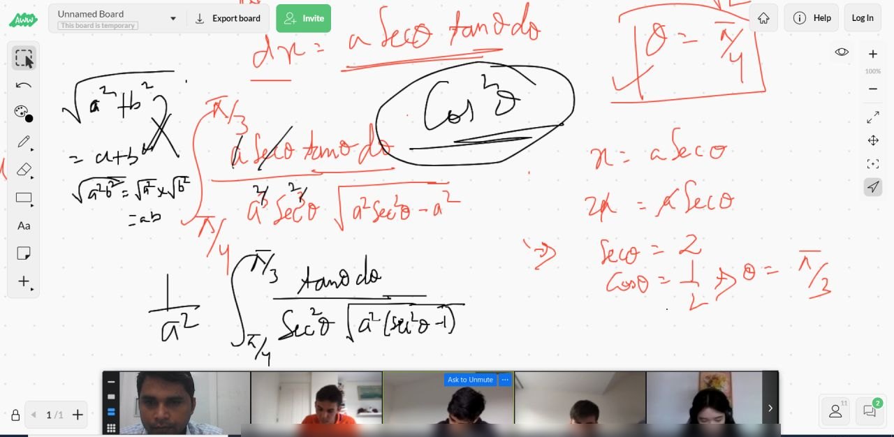 Live online whiteboard lesson working through an IB HL calculus integral